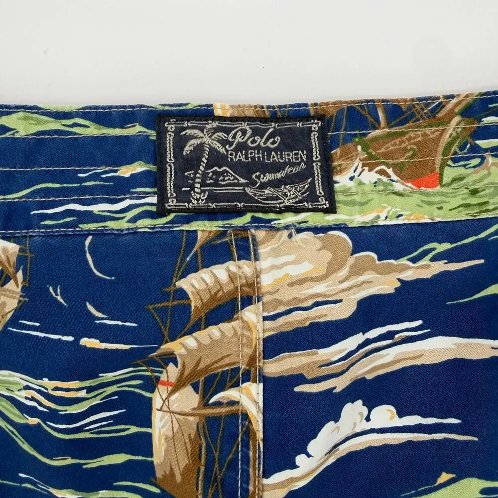 Polo Ralph Lauren Blue Swim‎ Trunks Lined Board Shorts Pirate Ship Buoy Mens 32